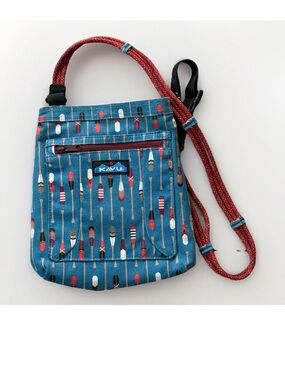 KAVU Crossbody Rope Bag Canoe Paddle Print Teal Red Small Travel Festival